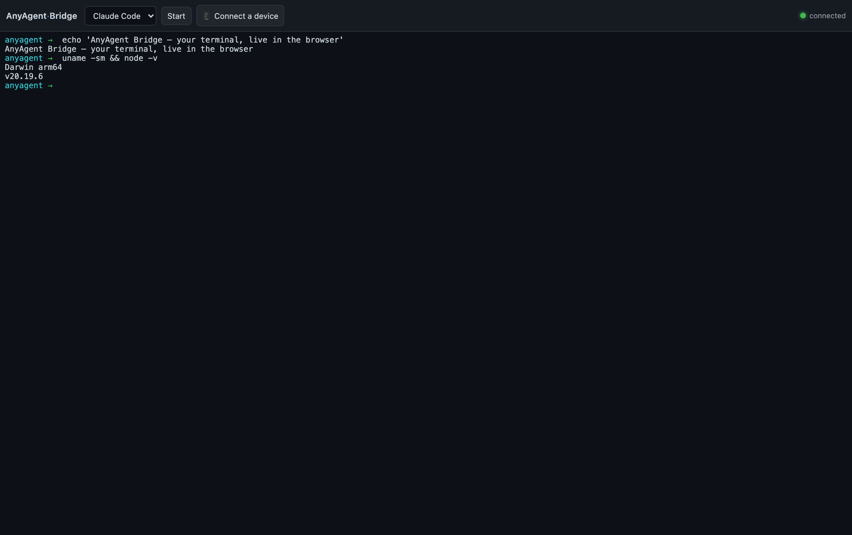 AnyAgent Bridge desktop terminal session